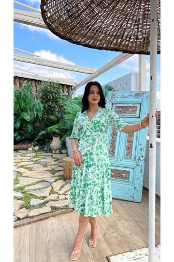 3058-YEŞİL ÇİÇEKLİ ELBİSE