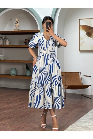 3061-MAVİ ÇİZGİLİ KEMERLİ ELBİSE