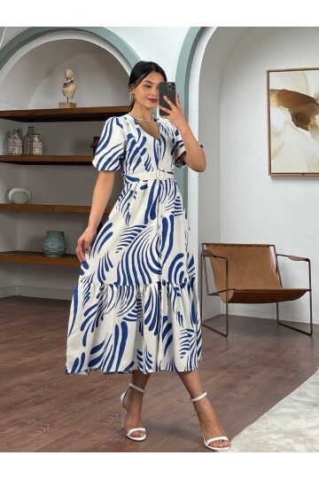 3061-MAVİ ÇİZGİLİ KEMERLİ ELBİSE