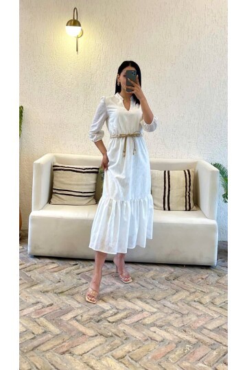3062-BEYAZ HAKİM YAKA BRODE KUMAŞ UZUN ELBİSE
