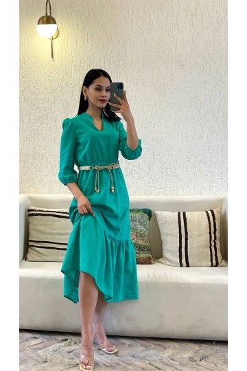 3062-YEŞİL HAKİM YAKA BRODE KUMAŞ UZUN ELBİSE