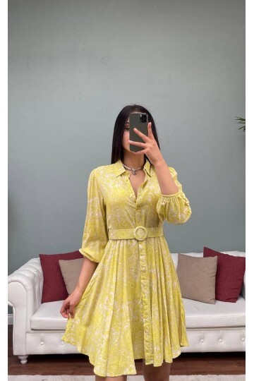 3065-SARI VOLANLI KISA VİSKON ELBİSE
