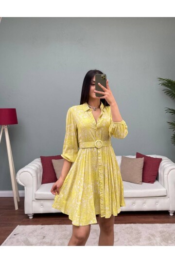 3065-SARI VOLANLI KISA VİSKON ELBİSE