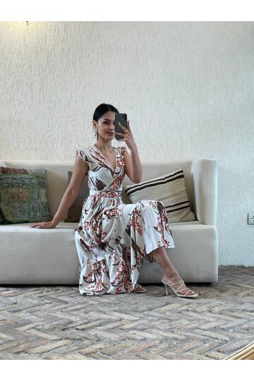 3073-KAHVERENGİ YAPRAK DESEN KEMERLİ ELBİSE