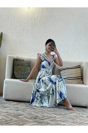 3073-MAVİ YAPRAK DESEN KEMERLİ ELBİSE