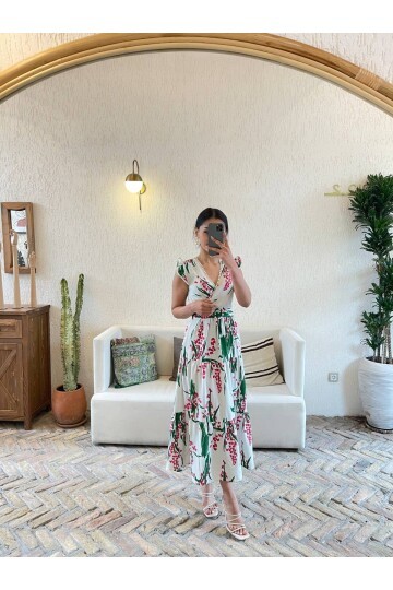 3073-YEŞİL YAPRAK DESEN KEMERLİ ELBİSE