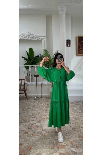 3078-YEŞİL KETEN KUMAŞ SALAŞ ELBİSE