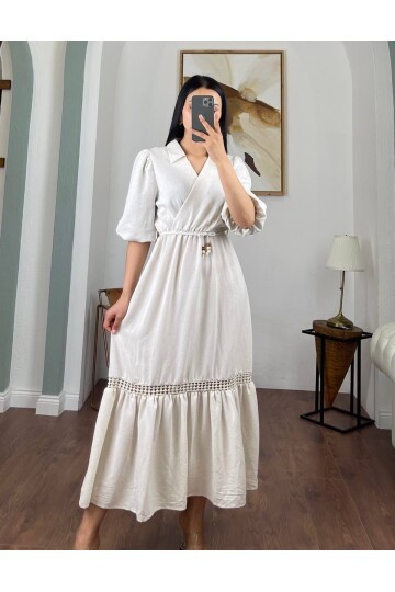 3079-BEJ DÜZ KETEN ALT DANTEL DETAYLI ELBİSE