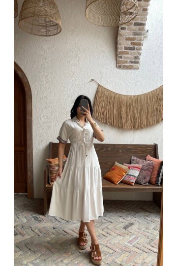 3080-BEJ KOL MANŞETLERİ ŞERİTLİ ELBİSE