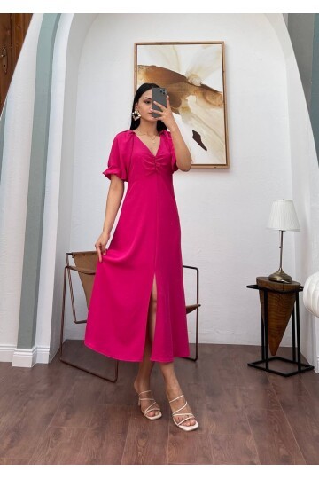3084-FUŞYA V YAKA DÜZ ELBİSE