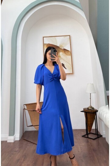 3084-SAKS V YAKA DÜZ ELBİSE