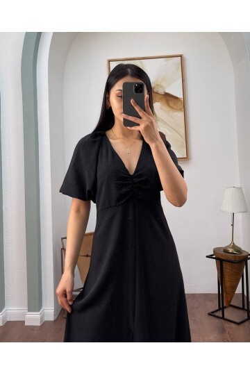 3084-SİYAH V YAKA DÜZ ELBİSE