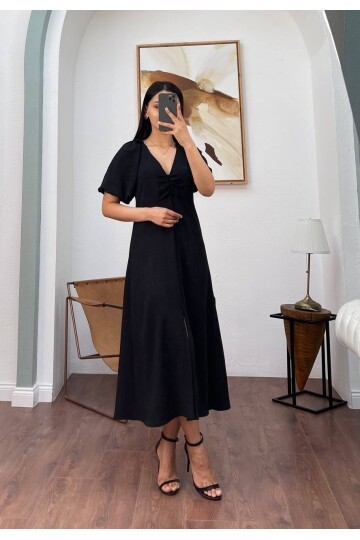 3084-SİYAH V YAKA DÜZ ELBİSE