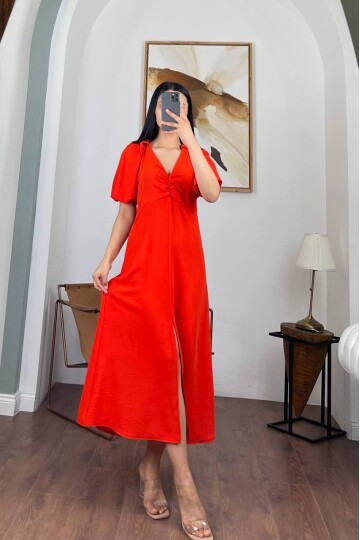 3084-TURUNCU V YAKA DÜZ ELBİSE