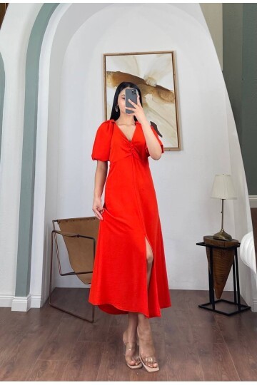 3084-TURUNCU V YAKA DÜZ ELBİSE