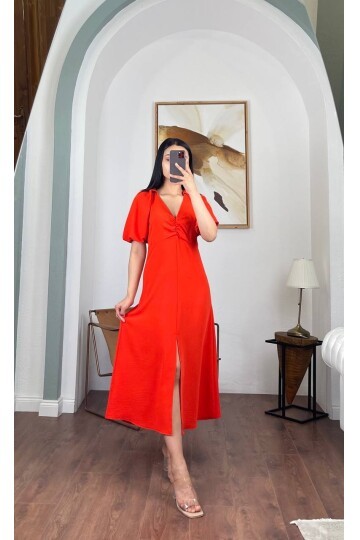 3084-TURUNCU V YAKA DÜZ ELBİSE