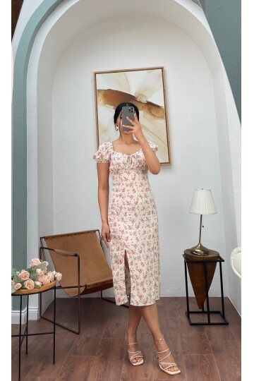 3092-BEJ ÇITIR DESEN UZUN VİSKON ELBİSE