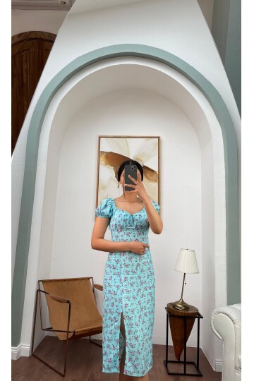 3092-MAVİ ÇITIR DESEN UZUN VİSKON ELBİSE