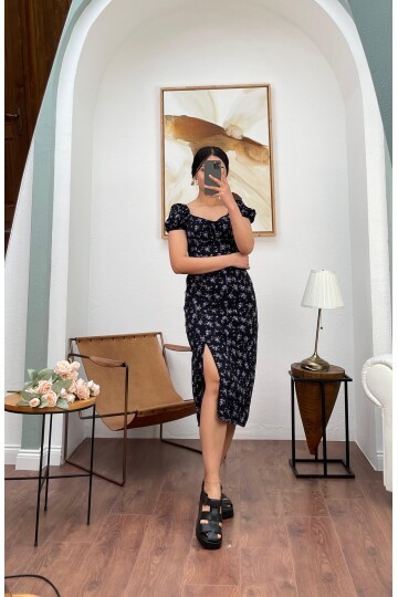 3092-SİYAH ÇITIR DESEN UZUN VİSKON ELBİSE