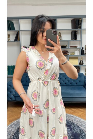 3098-FUŞYA SIFIR KOL KRİNKIL ÇİÇEK DESEN ELBİSE