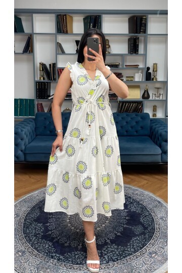 3098-OLİV SIFIR KOL KRİNKIL ÇİÇEK DESEN ELBİSE