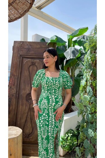 3142-YEŞİL FULL GİPELİ YANDAN YIRTMAÇLI ELBİSE