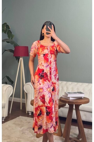 3149-PEMBE VİSKON KUMAŞ ÇİÇEKLİ ELBİSE