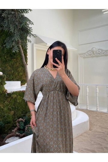 3154-HAKİ ÇITIR DESEN ELBİSE