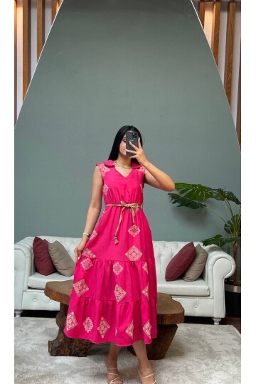 3159-PEMBE KETEN PUF DESENLİ BRODELİ ELBİSE