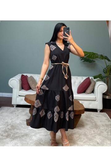 3159-SİYAH KETEN PUF DESENLİ BRODELİ ELBİSE