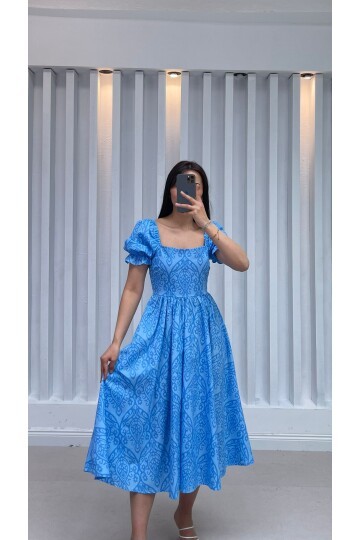 3161-MAVİ POPLİN KUMAŞ GÖĞÜS LASTİKLİ ELBİSE