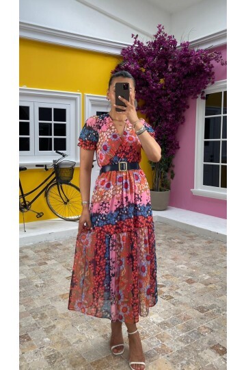 3224-ÇİÇEKL KEMERLİ ŞİFON ELBİSE