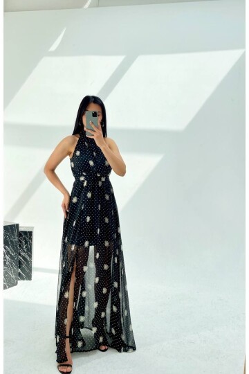 3242-PAPATYA DESEN ŞİFON ELBİSE