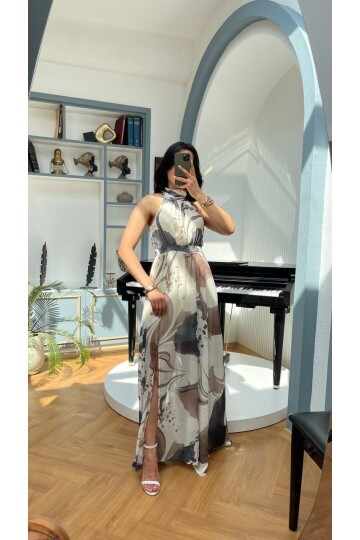 3242-SİYAH BÜYÜK GÜLLÜ ŞİFON ELBİSE