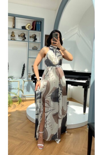 3242-SİYAH BÜYÜK GÜLLÜ ŞİFON ELBİSE