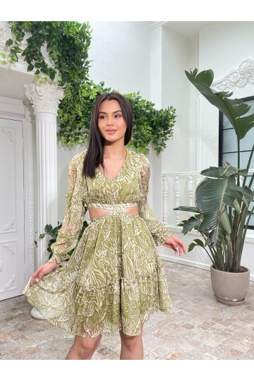 3256-OLİV ÇİÇEK DESEN YANLARI AÇIK ELBİSE