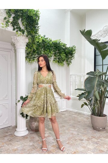 3256-OLİV ÇİÇEK DESEN YANLARI AÇIK ELBİSE