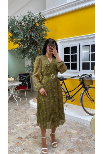 3286-OLİV KEMERLİ PUANTİYE DESEN ELBİSE