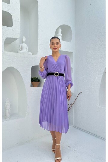 3314-LİLA PLİSELİ ÇİÇEK DESEN KEMERLİ ELBİSE