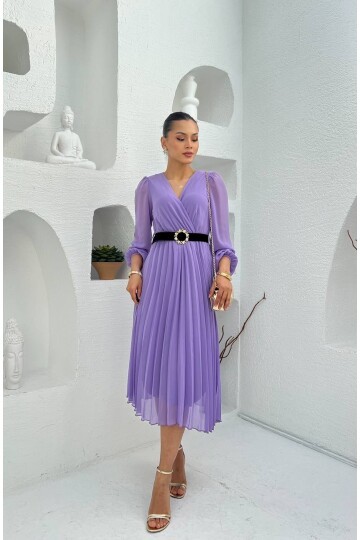 3314-LİLA PLİSELİ ÇİÇEK DESEN KEMERLİ ELBİSE