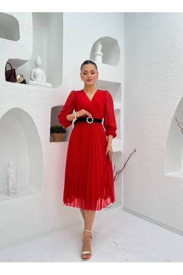 3314-TURUNCU PLİSELİ ÇİÇEK DESEN KEMERLİ ELBİSE