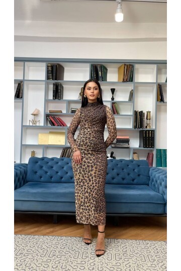 3328-LEOPAR DESEN TÜL ELBİSE