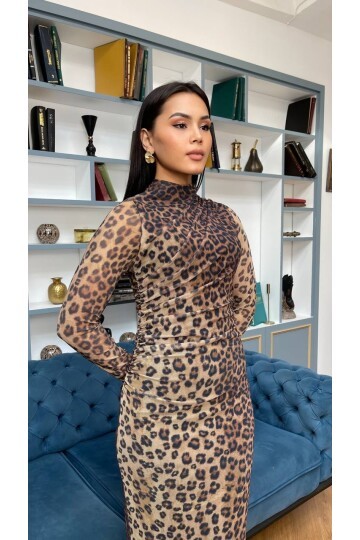 3328-LEOPAR DESEN TÜL ELBİSE