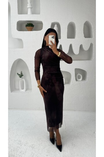 3328- KAHVE TÜL KUMAŞ ELBİSE