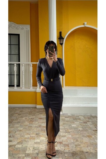 3361-ANTRASİT BÜZGÜLÜ DEMİR TOKA KEMERLİ ELBİSE