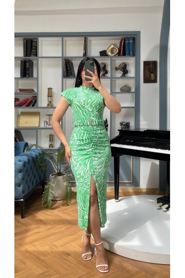 3372-YEŞİL KALEM ELBİSE
