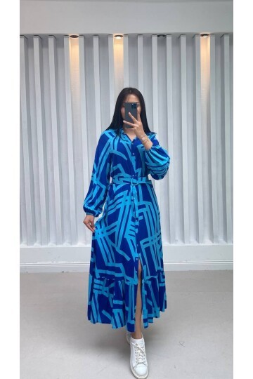 3388-MAVİ ÇİZGİLİ GÖMLEK ELBİSE