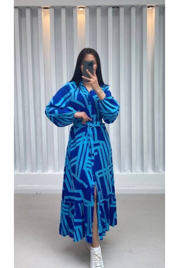 3388-MAVİ ÇİZGİLİ GÖMLEK ELBİSE