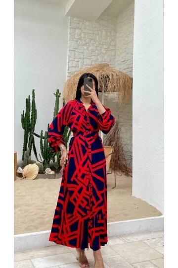 3388-KIRMIZI ÇİZGİLİ GÖMLEK ELBİSE