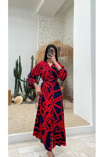 3388-KIRMIZI ÇİZGİLİ GÖMLEK ELBİSE